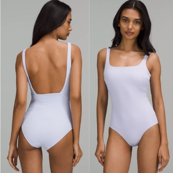 Lululemon Waterside Square-Neck Hyper Stripe Pastel Blue One-Piece Swimsuit Sz 4 - Picture 1 of 11